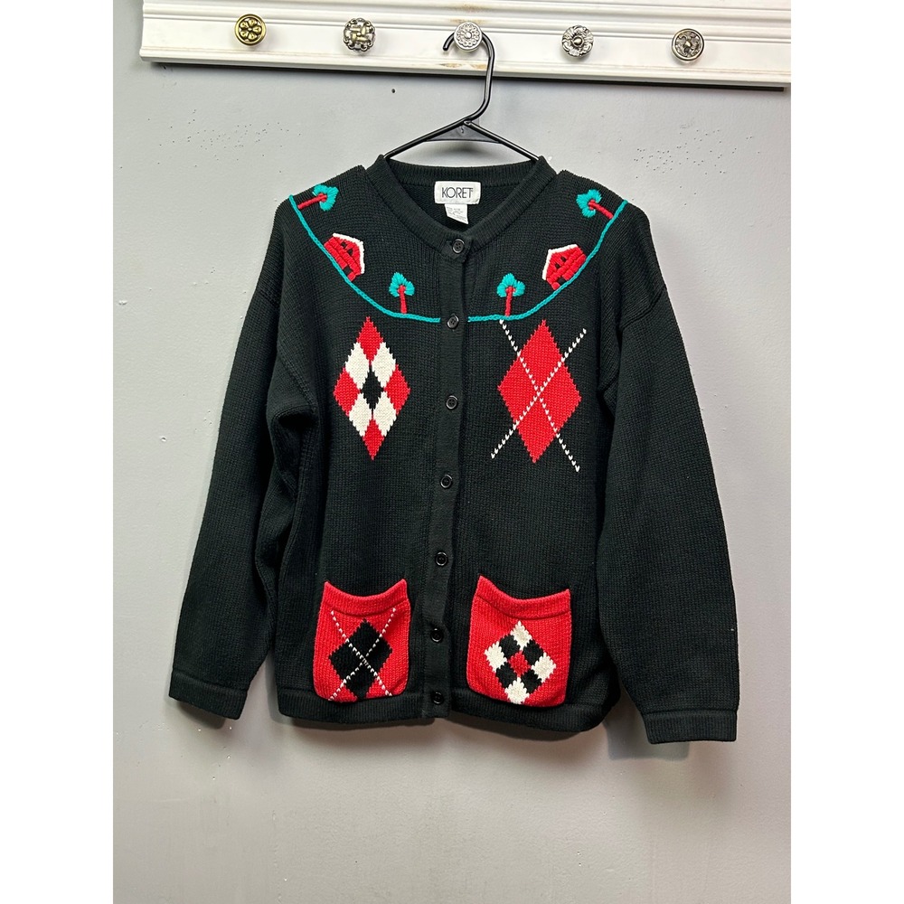 KORET Sweater Womens Small VTG Black‎ Argyle House Embroidered Button Front
